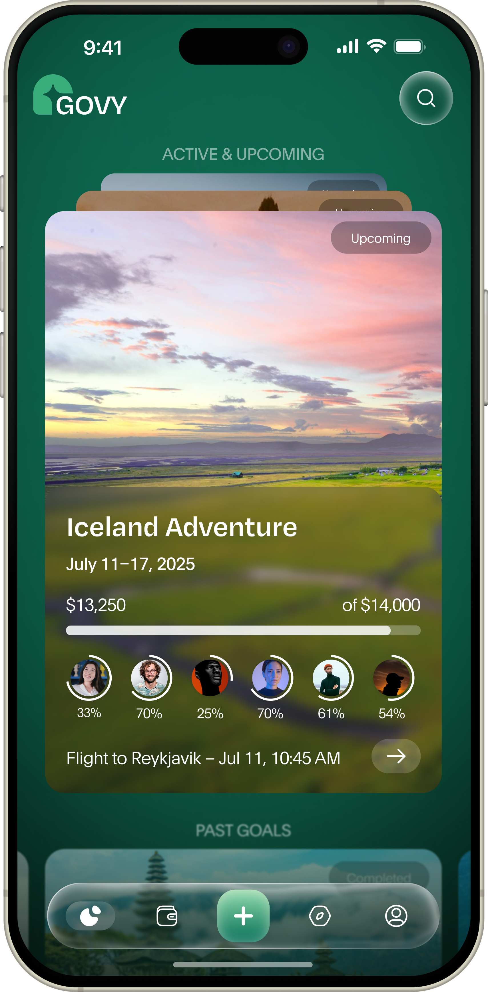 Govy app showing Iceland Adventure trip with group savings progress